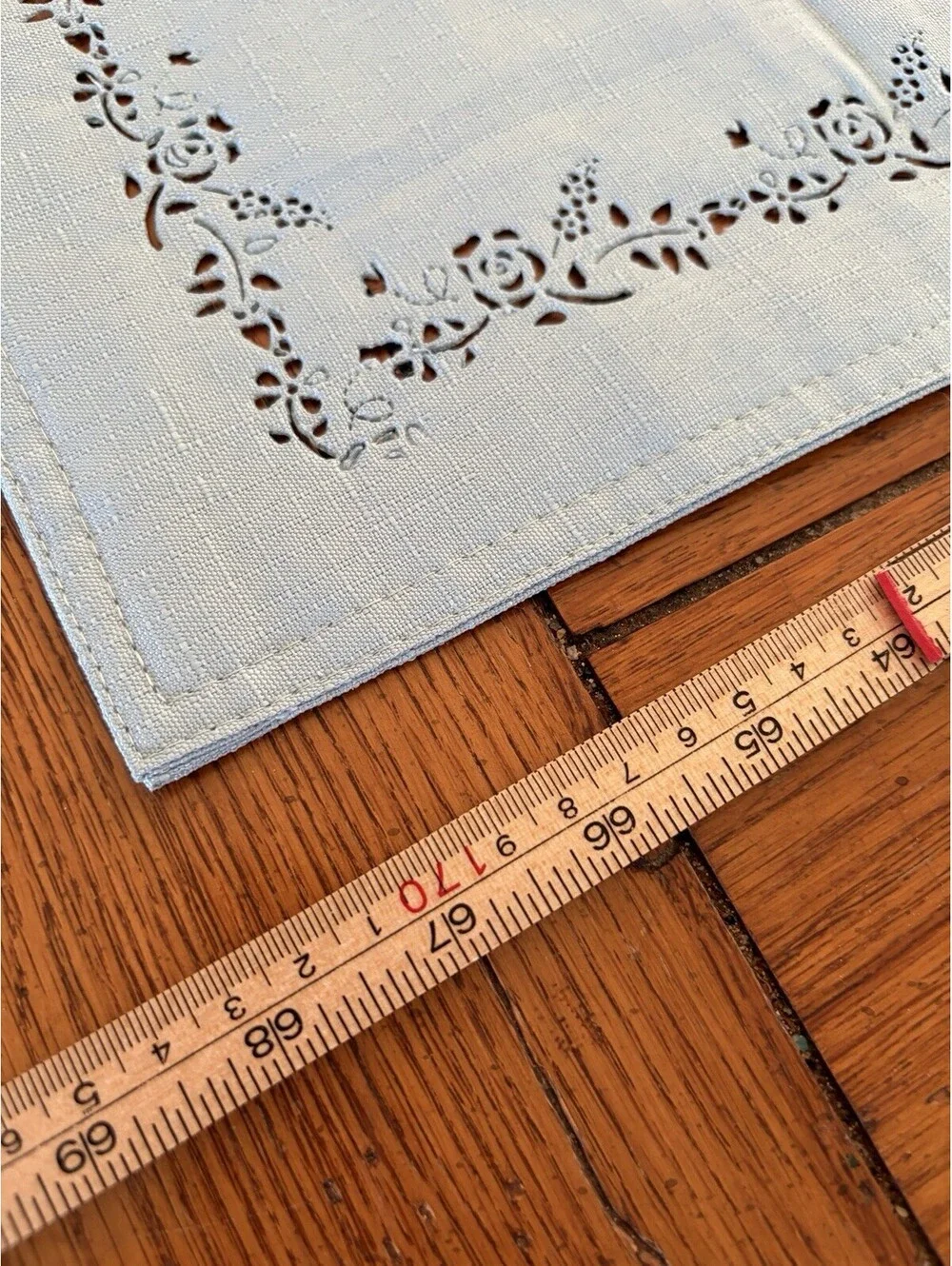 Vintage Style Table Runner Solid Blue Green With Cutwork Floral Border  12x68”